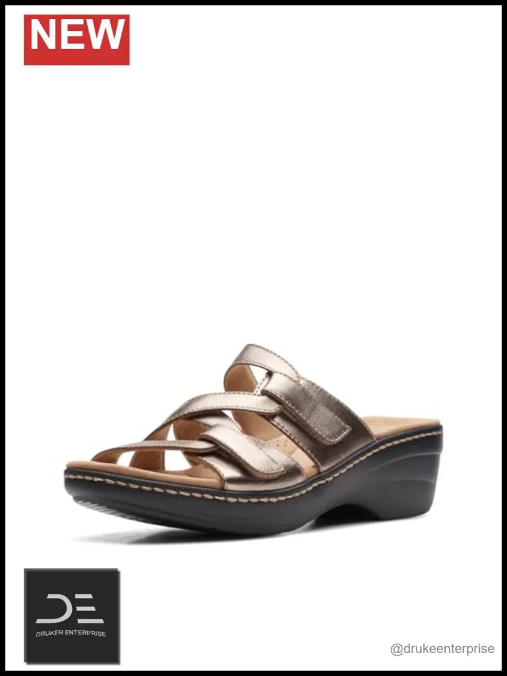 Clarks Women's Wedge Sandals Metallic Leather Open Toe Comfort
